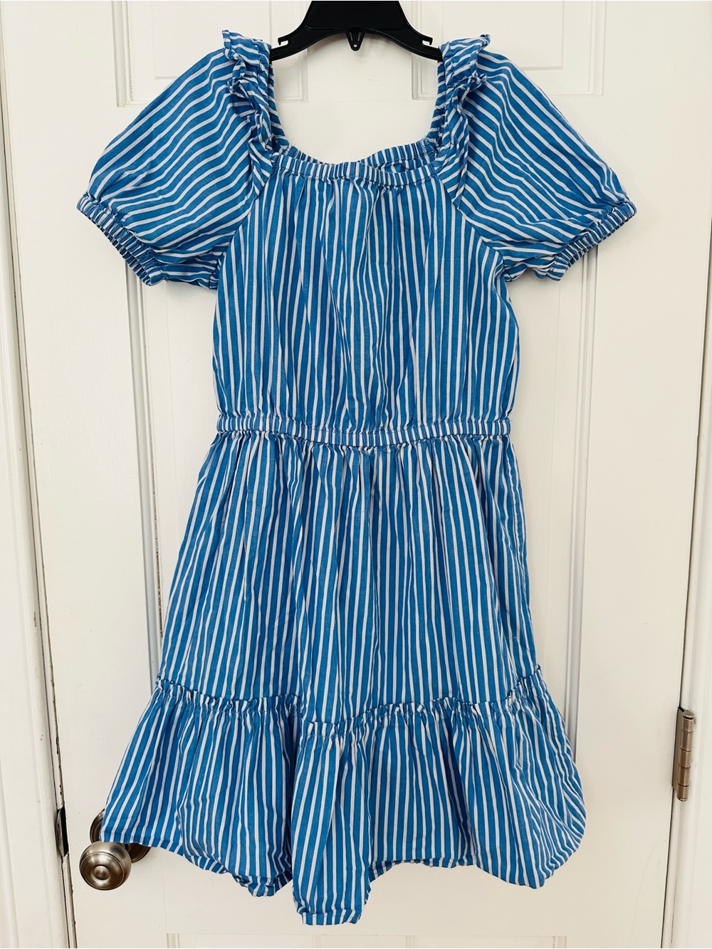 Crewcuts Blue & White Striped Short Sleeve Summer Dress w Ruffle Accents Sz 10